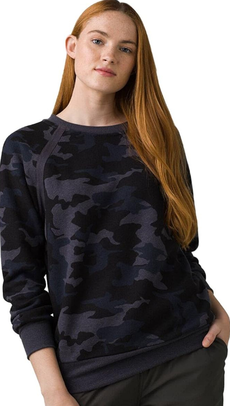 PRANA Womens Cozy Up Sweatshirt Small Black Nautical Blue Camo Crewneck NWT